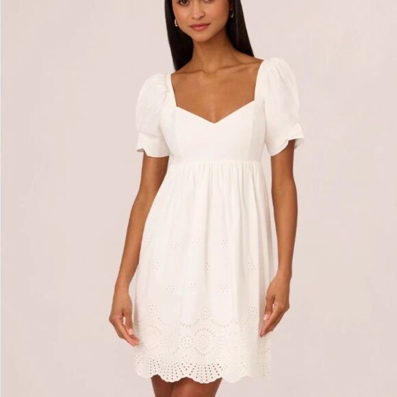 Adrianna Papell AD3D105543 Ivory Cotton Eyelet Puff Sleeve Fit & Flare Dress 14 - Picture 4 of 9